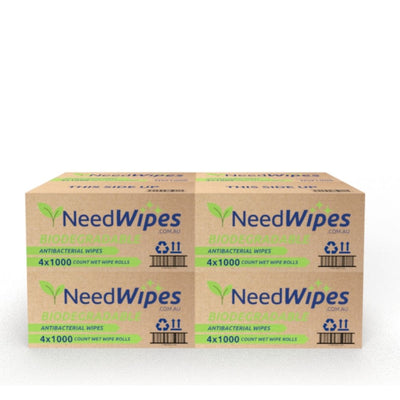 Box of 4 biodegradable Need Wipes antibacterial wet wipe rolls. Each roll contains 1000 sheets