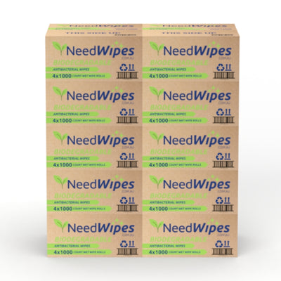 Box of 10 biodegradable Need Wipes antibacterial wet wipe rolls. Each roll contains 1000 sheets