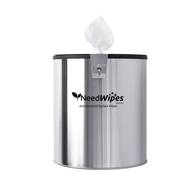 Need Wipes wall mounted gym dispenser in stainless steel front view